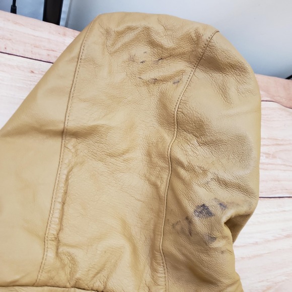 VINTAGE Fitzwright Jacket Womens Large Tan Leather Hooded Faux Fur Parka Coat - Picture 10 of 14